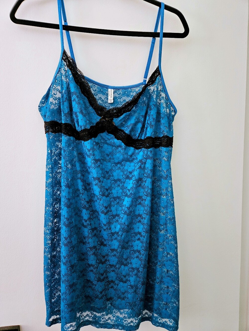 George Teal Blue Lace Chemise Babydoll Nightie Black Lace Trim Size XL 16-18